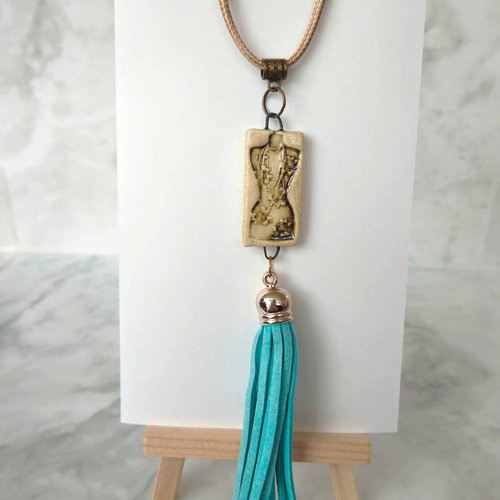 Collier belle epoque, pendentif long pompon, sautoir silhouette féminine