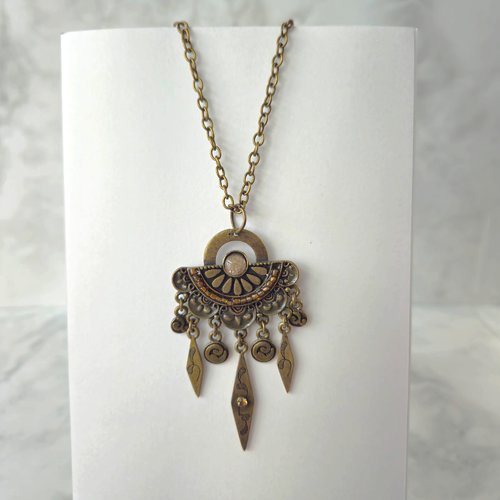 Collier style art déco, sautoir en métal bronze, pendentif vintage chic - longueur à personnaliser