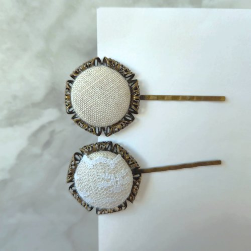 Set de barrettes cheveux mariage, lin et dentelle beige x2