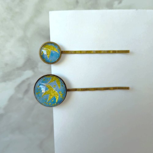 Barrette feuille d'érable dorée, épingle cheveux cabochon x2 - lot de 2