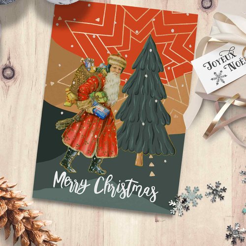 Carte postale père noël merry christmas - rouge