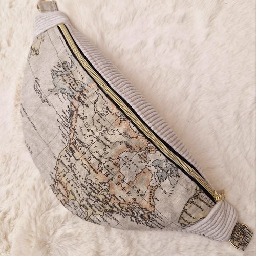 Sac banane femme en velours côtelé blanc écru motif carte du monde "magnolia"