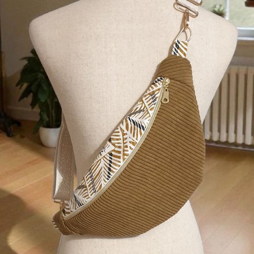 Sac banane femme camel  – velours côtelé & coton imprimé palmier