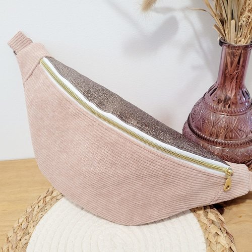 Sac banane femme en velours côtelé rose et pailleté doré gros coeur cordéa