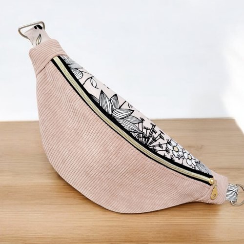 Sac banane femme velours côtelé rose , fleuri , plusieurs tailles disponibles