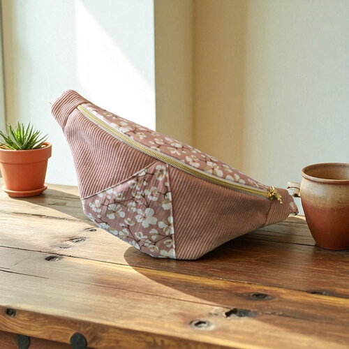 Sac banane fleuri rose velours côtelé – fait main en france , idée cadeau