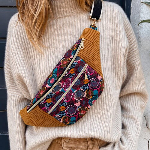 Sac banane  pour femme  en velours côtelé rouille – fleuri