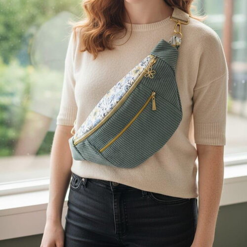 Sac banane pour femme en velours côtelé bleu clair – poche avant – intérieur fleuri