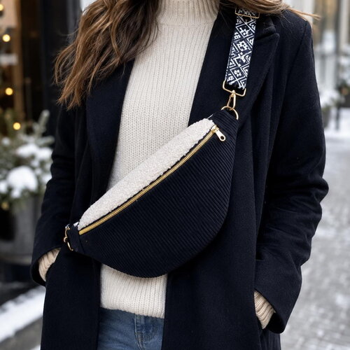 Sac banane femme en velours côtelé noir et moumoute blanche