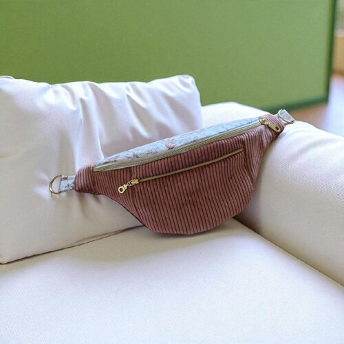 Sac banane femme ou enfant velours côtelé &amp; tissu fleuri rose
