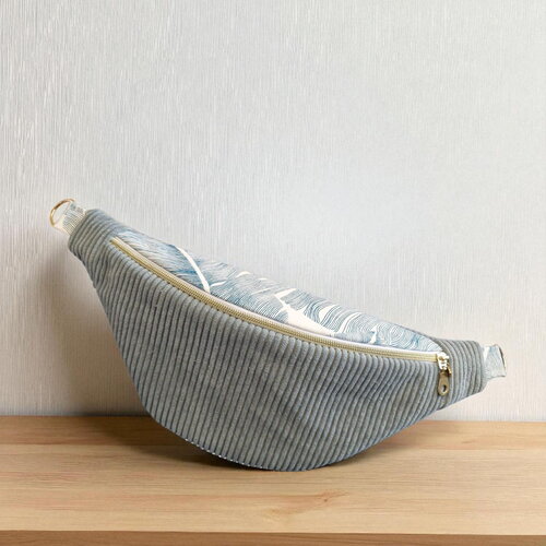 Sac banane femme ou enfant velours côtelé bleu clair  et motif feuille de palmier