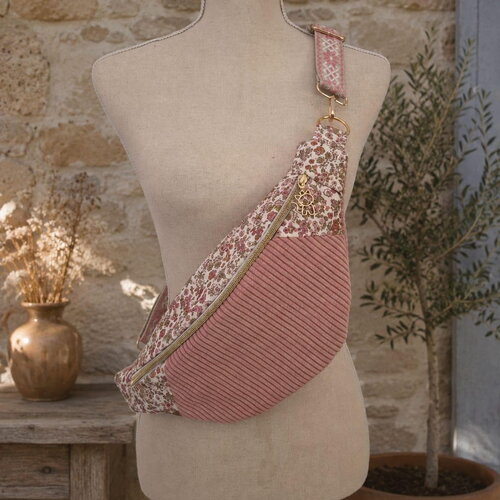 Sac banane pour femme en velours côtelé rose fleuri