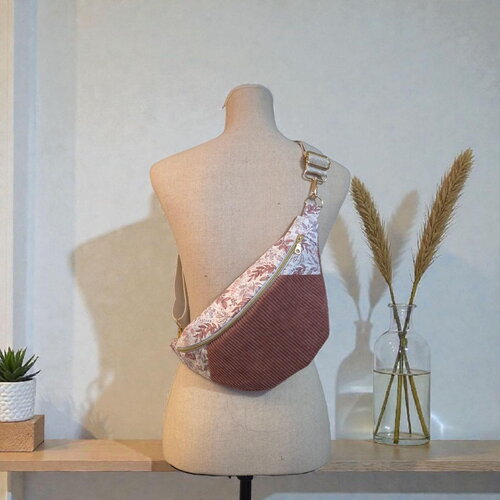 Sac banane pour femme velours côtelé vieux rose fleuri