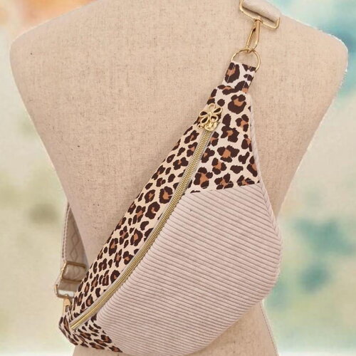 Sac banane femme velours côtelé écru motif léopard – pochette ceinture
