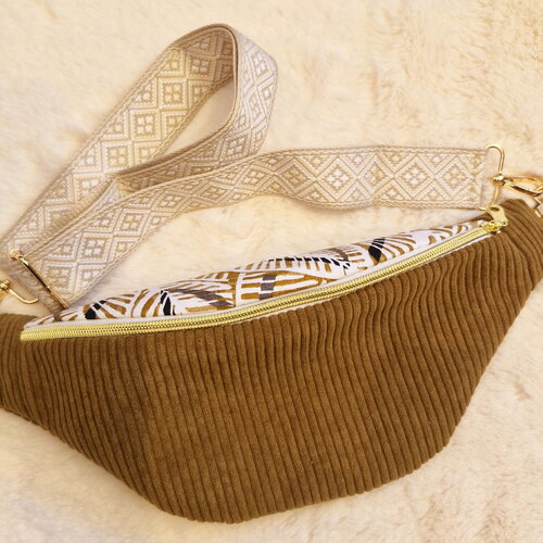 Sac banane femme ou enfant  camel  – velours côtelé &amp; coton imprimé
