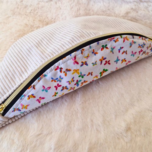 Sac banane femme en velours côtelé blanc écru motif papillon "butterfly"
