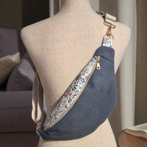 Sac banane velours côtelé bleu et fleuri