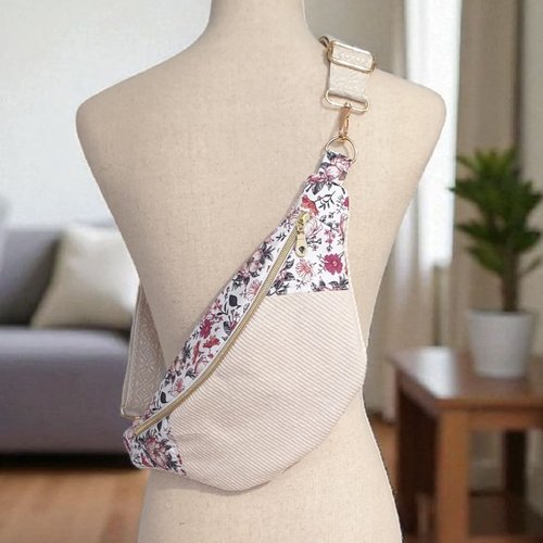 Sac banane pour femme en velours côtelé écru et fleuri