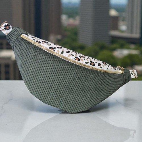 Sac banane femme  en velours côtelé kaki – motif fleuri , plusieurs tailles disponibles