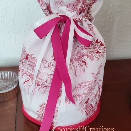 Pochette ronde tissu coton toile de jouy rouge/blanc doublé tissu coton rose fuchsia