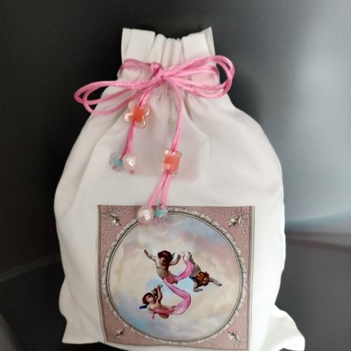 Pochette cadeau en tissu coton blanc avec appliqué transfert 'anges'