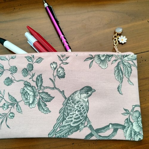 Trousse fermeture en tissu toile de jouy