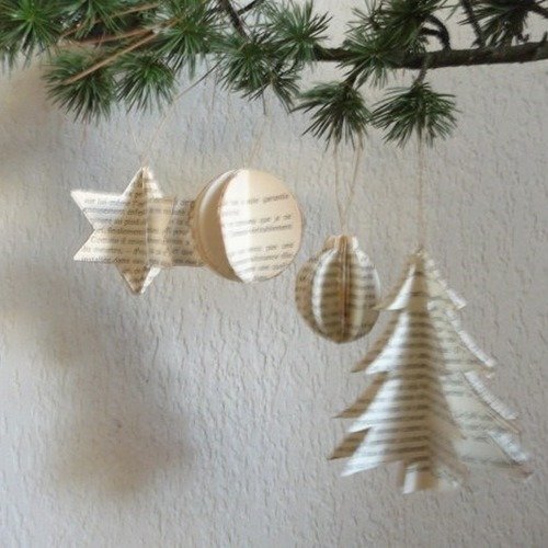 Déco pour le sapin de noel en vieux papier sapin, boules,étoile