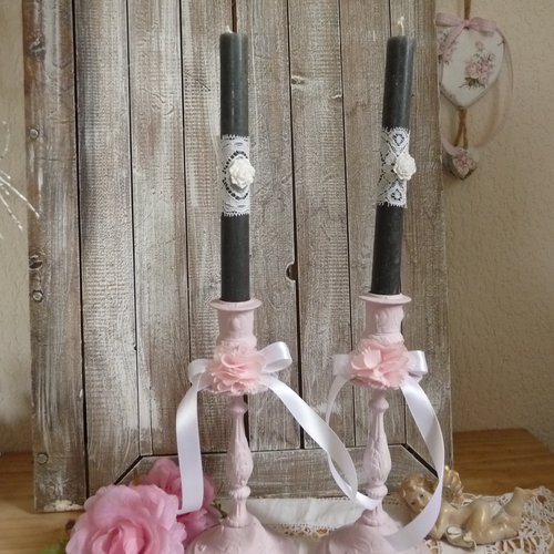 Duo de bougeoirs romantiques et shabby et leur bougie