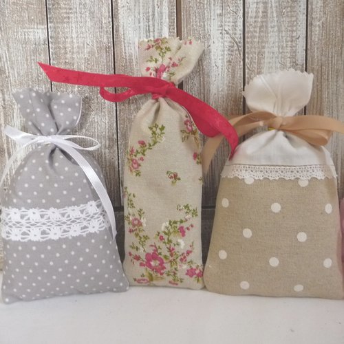 Lot de 3 sachets de lavande , tissu, bio,  fleurs de lavande, sachets déco, senteur, fait main