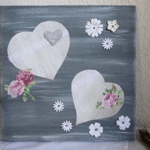 Toile  ' duo de coeurs' vintage et roses