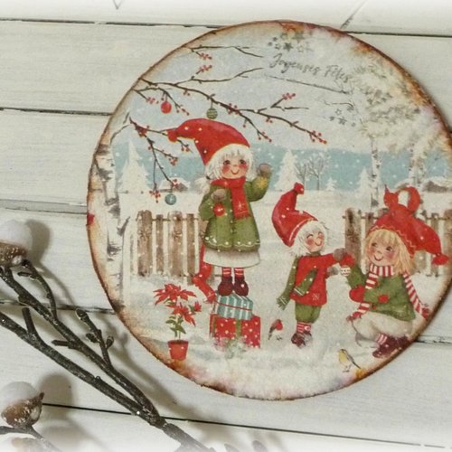 Lutins de noêl, , déco sapin, fêtes, plaque de liège,