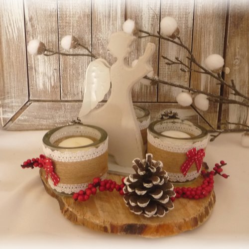 Lot de trois photophores noêl,  ange rondins de bois, déco fêtes