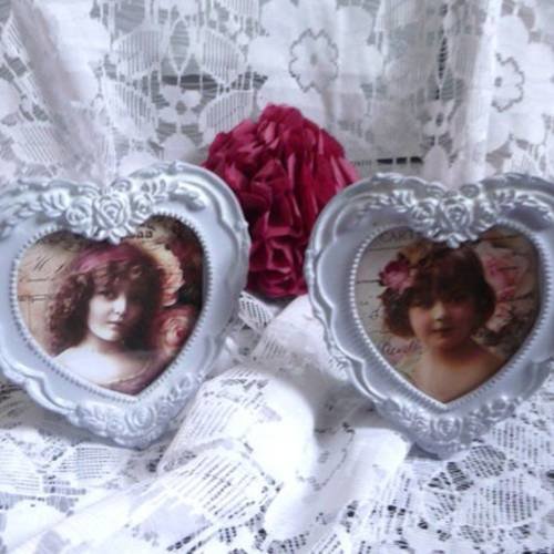 Duo de petits cadres coeurs shabby  romantiques enfants vintage 
