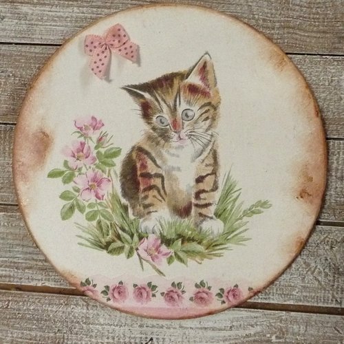 Déco murale , mignon chaton, fait main, rond en liège