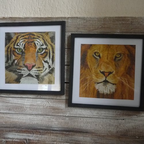Un air d'évasion " duo de cadres ethniques, tigre, lion, déco murale, fait main