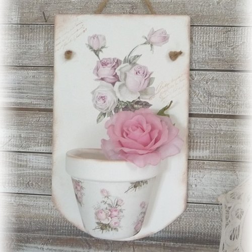 Reserve tuile en terre cuite et son pot de fleurs, déco murale, jardin, romantique, fait main