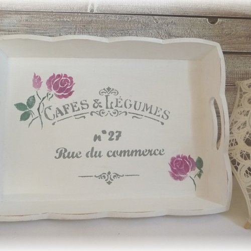 Plateau en bois "cafés et légumes" , shabby, roses, cuisine, thé, petits fours