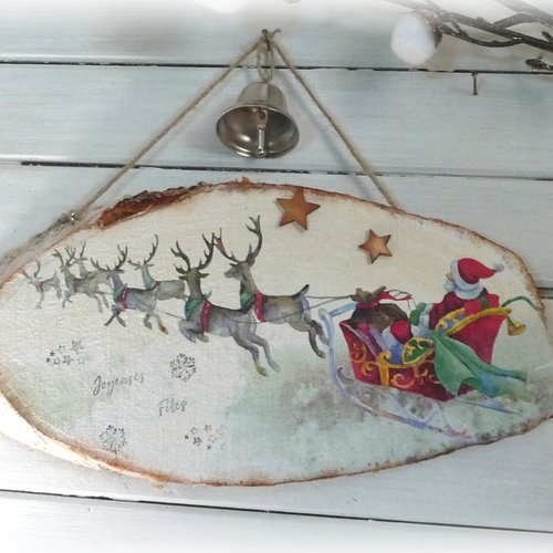Rondin de bois, père noël, rênes, fêtes, déco entrée,