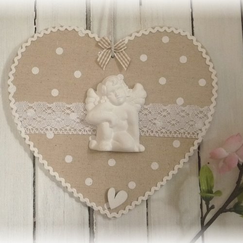 Coeur  en bois , angelot, déco, romantique, cadeau, déco chambre d'enfant, fait main