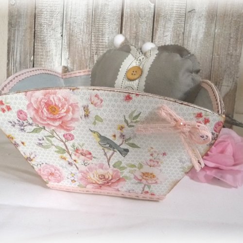Panier vide poches, printanier, coeur en tissu, déco, rangement, salle de bains, oiseaux, romantique