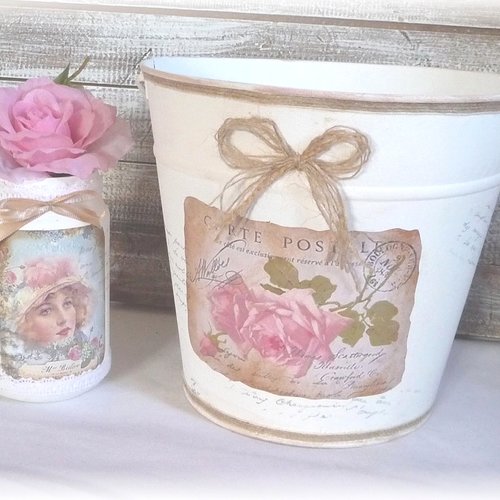 Ensemble shabby, pot de fleurs, cache pot, pot à maquillage, déco, fait main
