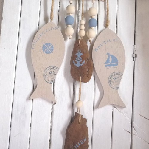 Mobile bois flotté poissons , ambiance mer, déco murale, fait main