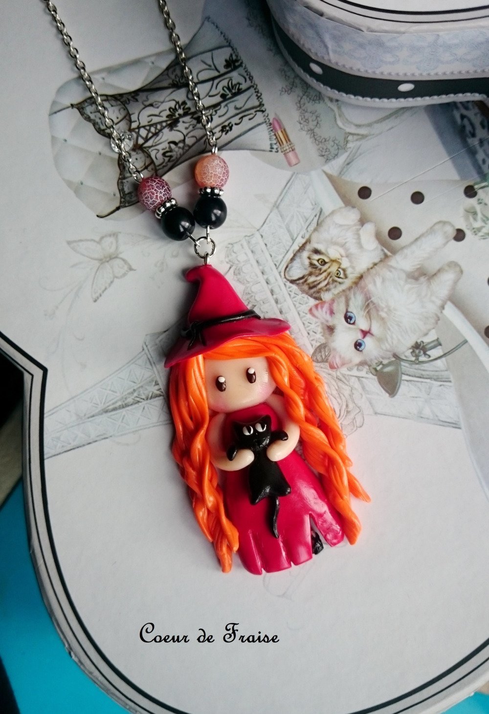 Collier Poupee Sorciere Et Chat Halloween En Fimo Un Grand Marche