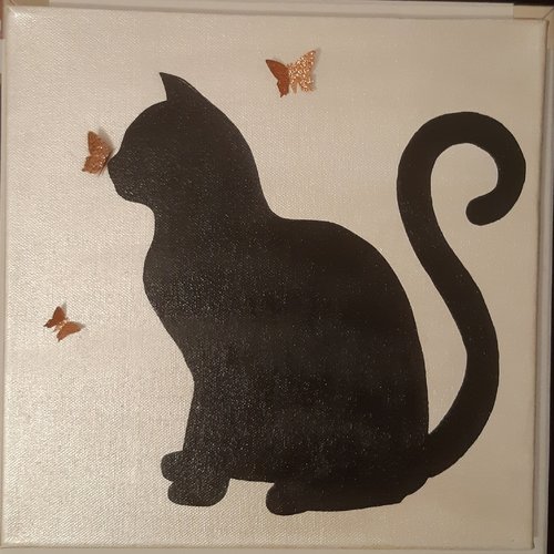 Toile Beige Chat Noir Et Papillons En Papier Paillete Marron Glace Un Grand Marche