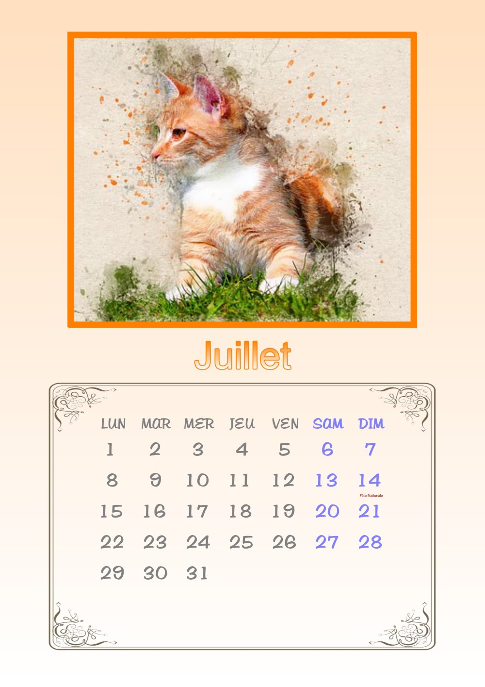 Calendrier mural 2024 chat, calendrier chat, impression de chat