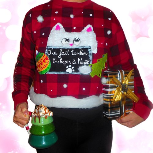 Joli pull noël humoristique pour femme motif chat et sapin