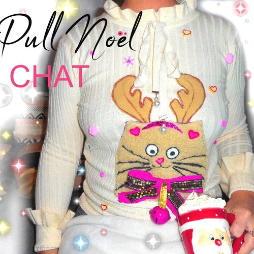 Magnifique pull de noel femme chat rennne, chic et rigolo ...