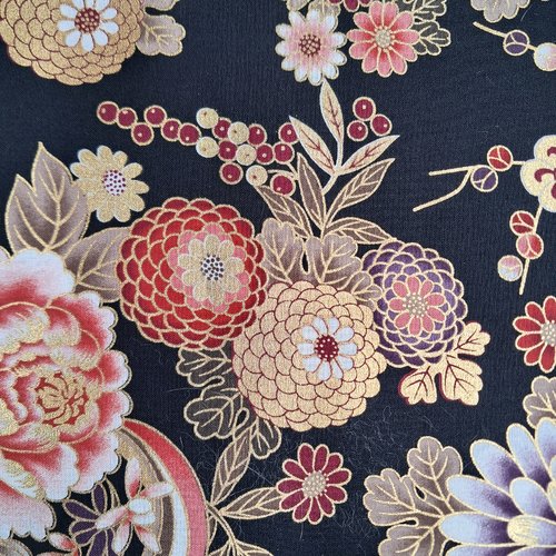 Tissu japonais 25x110 cm, fleurs fond noir, coton
