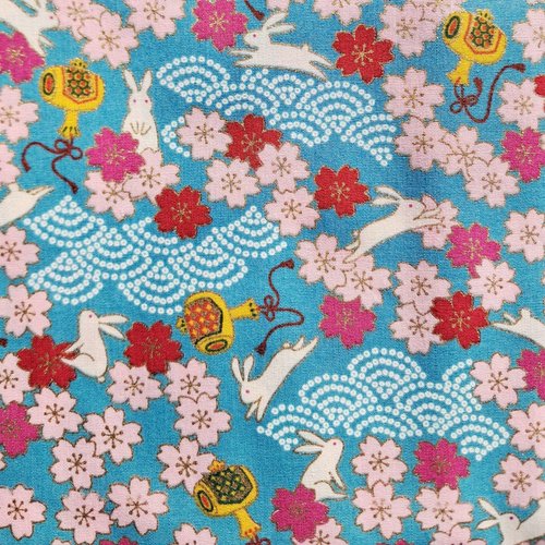 Tissu japonais 25x110cm animaux, motif kawaii lapin sakura turquoise