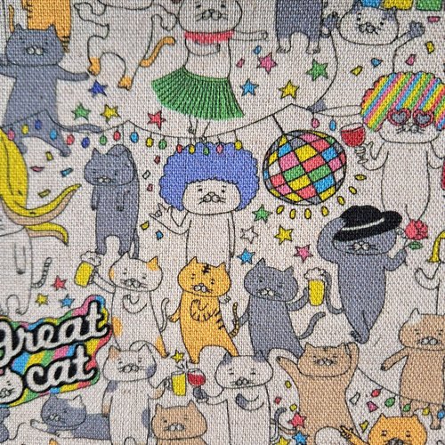 Tissu japonais 25x110 cm, kawaii, chats disco 70's, coton et lin